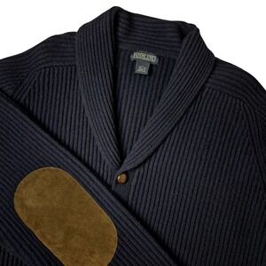 Lands' End Sweater Mens Large Blue Lambs Wool Cardigan Shawl Collar Elbow Patch